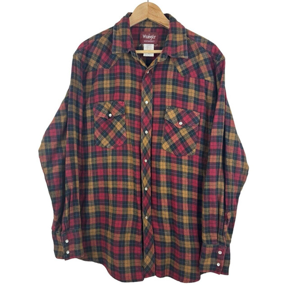 Wrangler VTG 90s Western Flannel Pearl Snap Long Sleeve‎ Shirt Plaid Men's XL - Picture 1 of 4